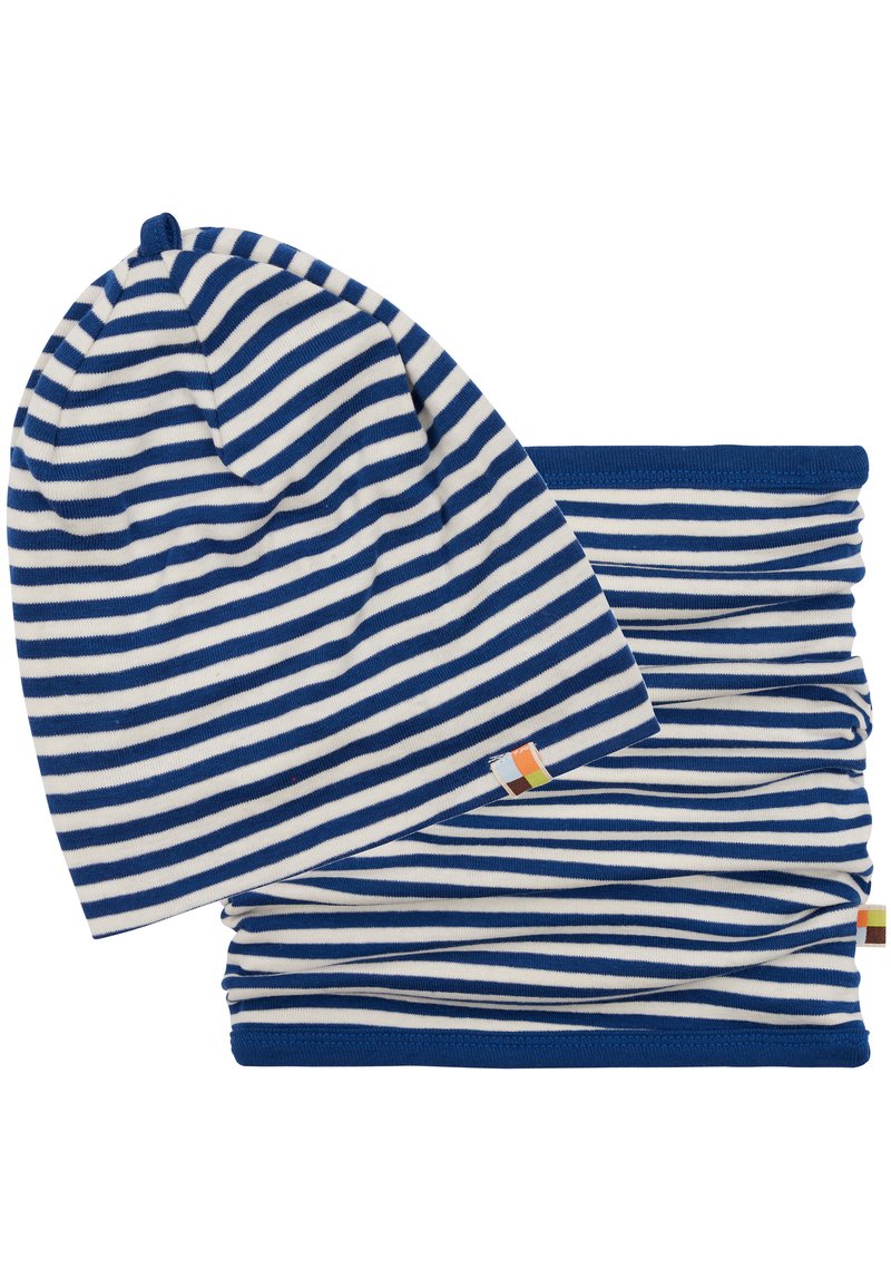 Set di beanie e scaldacollo a righe blu e bianche realizzato in tessuto morbido, con etichette logo su entrambi gli articoli. Design elasticizzato e senza cuciture.