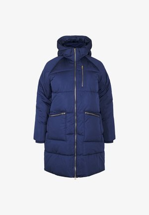 Marineblaue Steppjacke mit Kapuze, ausgestattet mit einem Reißverschluss und zwei Reißverschlusstaschen, aus einem weichen, leichten Material gefertigt.