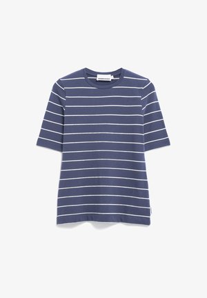 Navyblauwe gestreepte t-shirt van katoen, met korte mouwen, een ronde halslijn en horizontale witte strepen over de stof.