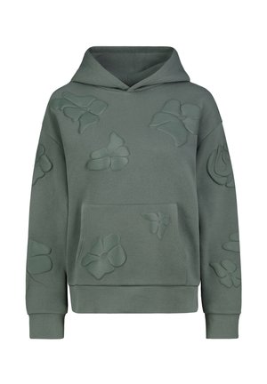 Green hoodie with a soft texture, featuring raised floral designs across the front and a kangaroo pocket. Includes a drawstring hood.