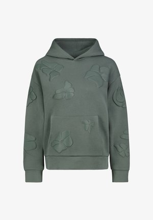Green hoodie with a soft texture, featuring raised floral designs across the front and a kangaroo pocket. Includes a drawstring hood.