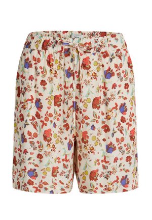 Floral shorts in cream featuring red, blue, and green patterns. Elastic waistband with tied drawstring. Lightweight fabric.