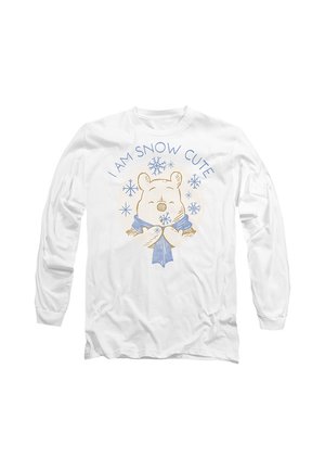 White long-sleeve shirt with a bear wearing a blue scarf, surrounded by blue snowflakes and text saying "I AM SNOW CUTE" in blue letters.