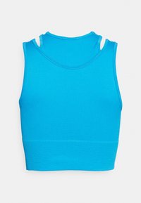 Modrý žebrovaný crop top s vysokým výstřihem a bočními výřezem. Hladká textura s přiléhavým střihem. Konec končí těsně pod přirozeným pasem.