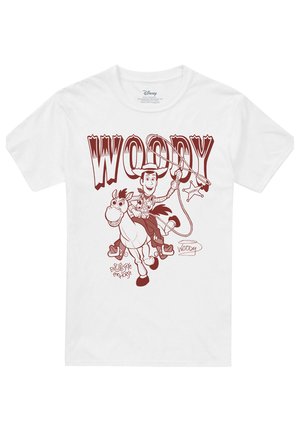 Weißes T-Shirt mit einer roten Linienzeichnung von Woody, der auf Bullseye reitet, ein Lasso hält, mit dem Schriftzug "WOODY" und einem Sheriffsabzeichen.