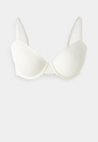 Soutien-gorge rembourré blanc avec un tissu lisse, support à armatures, bretelles réglables et fermeture à crochets. Design simple et bonnets sans couture.