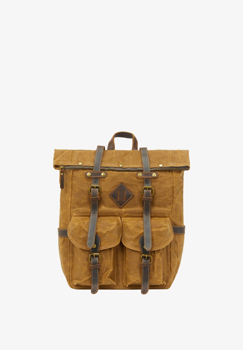 Waxed canvas backpack in tan with brown leather accents, roll-top design, two front pockets, adjustable straps, and metallic hardware.