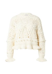 Strickpullover in Creme, mit einem strukturierten Muster, verkürzter Länge, rüschengesäumtem Saum und weit ausgestellten Ärmeln mit kunstvollen offenen Geweben.