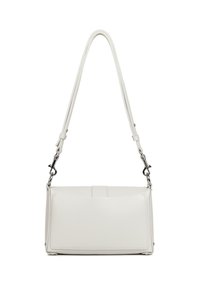 Borsa a spalla in pelle bianca con forma rettangolare, tracolla regolabile e superficie leggermente testurizzata. Presenta accenti in metallo argentato.