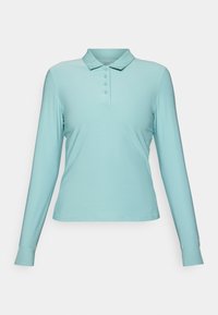 Long-sleeve polo shirt in light blue, made of smooth fabric, featuring a classic collar and five button placket for closure.
