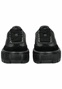 Black sneakers with a smooth leather upper and suede accents. Thick rubber sole with a textured finish and metal eyelets for laces.