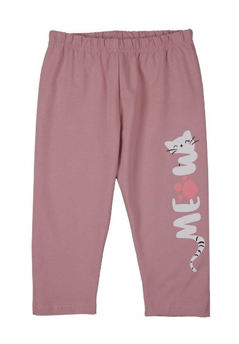 Jasnoróżowe legginsy bawełniane z elastycznym pasem, z napisem "MEOW" oraz ilustracją kota w białym i czarnym kolorze po boku.