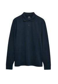 Camisa polo de manga larga en color navy, confeccionada en una mezcla de algodón, con un cuello tradicional, tapeta de tres botones y puños acanalados.
