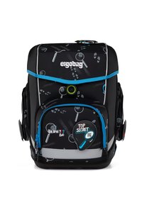 Sac à dos noir avec des accents bleus, présentant un motif texturé de lunettes de poche et d'empreintes. Comprend une poche zippée à l'avant étiquetée "TRÈS SECRET".