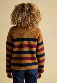 Brūnas flīsu džemperis ar svītru rakstu tumši zila, bordo un sinepju krāsā. Izceļas ar apaļu kakla izgriezumu un ragu piedurknēm.