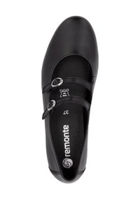 Schwarzer Leder-Mary-Jane-Schuh mit zwei verstellbaren Riemen und silbernen Schnallen. Weiches Innenfutter; runde Zehenform. Größe 37.