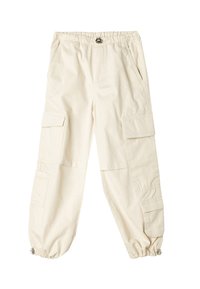 Beige cargo bukser med elastisk talje, flere sidelommer og samlet nederkant med sølvfarvede detaljer.