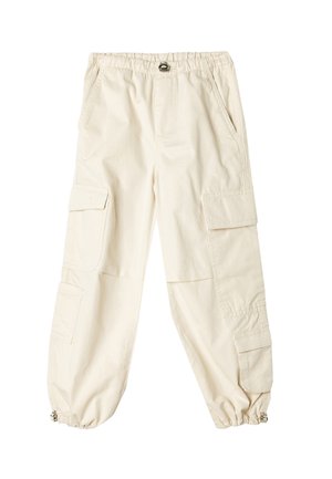 Beige cargo bukser med elastisk talje, flere sidelommer og samlet nederkant med sølvfarvede detaljer.