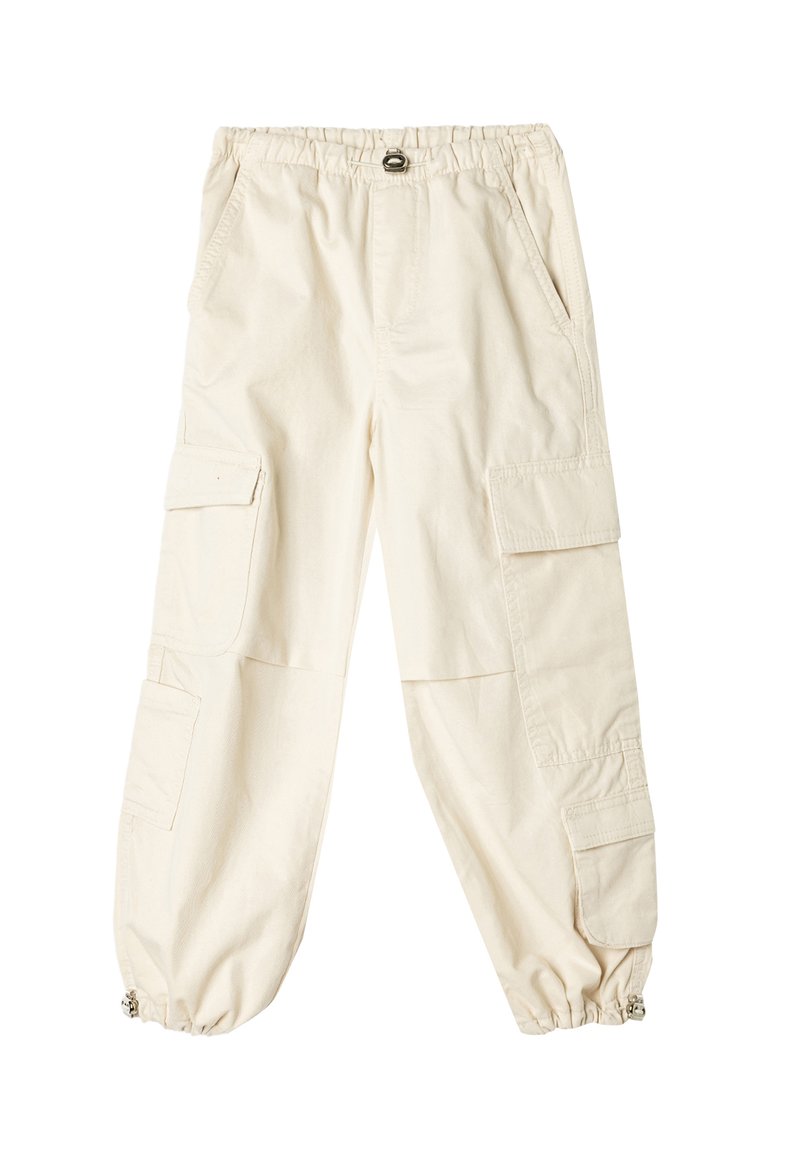 Beige cargo bukser med elastisk talje, flere sidelommer og samlet nederkant med sølvfarvede detaljer.