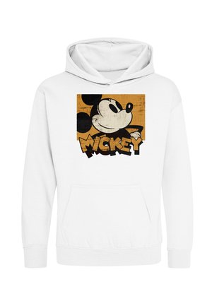 Hvid hættetrøje med et Mickey Mouse ansigt i vintage-stil og ordet Mickey i fede bogstaver på en orange firkantet baggrund.