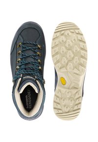 Lowa Renegade wandelschoenen, donkerblauw leer, blauw-witte patronen in de veters, gevoerde kraag, Vibram rubberen zool met profiel.
