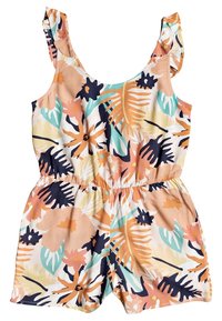 Combinaison sans manches avec bretelles à volants et taille élastique, avec un imprimé fleuri et feuillu tropical coloré en pêche, marine, aqua et jaune.
