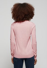 Pullover rosa chiaro realizzato in un tessuto morbido, con scollatura tonda e maniche lunghe. Polsini e orlo a costine. La vista posteriore mostra una texture liscia.