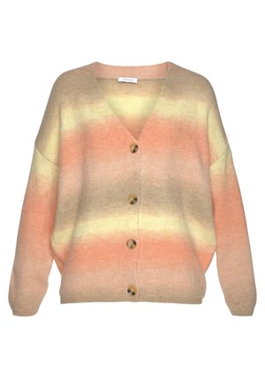 Cardigan en maille douce avec manches larges et col en V, avec des rayures horizontales dans des tons pastel pêche, jaune et beige, fermé par quatre boutons.