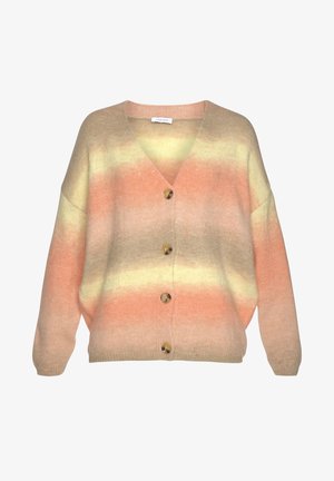 Cardigan en maille douce avec manches larges et col en V, avec des rayures horizontales dans des tons pastel pêche, jaune et beige, fermé par quatre boutons.