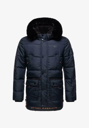 Chaqueta de plumas azul marino con capucha forrada de piel, botones a presión, dos bolsillos en el pecho y logo en el dobladillo. Tejido texturizado con diseño acolchado.