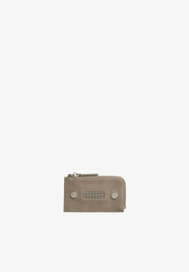 Light grey suede wallet with a zipper, featuring a textured center panel and glossy hexagonal accents on either side. Compact rectangular shape.