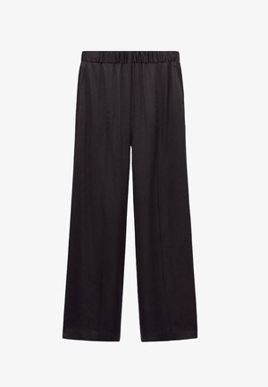 Pantalones negros de pierna ancha con cintura elástica y bolsillos laterales, hechos de tela lisa diseñada para la comodidad y el uso casual.