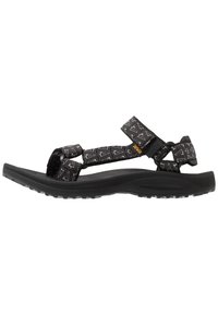 Sorte sandaler med justerbare stropper med geometriske mønstre, en teksturert gummisåle og et lett design for utendørs bruk.