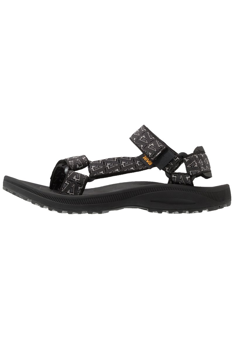 Sorte sandaler med justerbare stropper med geometriske mønstre, en teksturert gummisåle og et lett design for utendørs bruk.