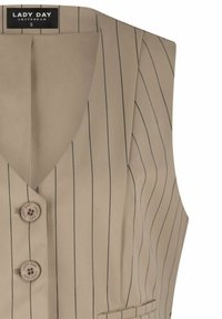 Beige gestreepte mouwloze blazer met notch revers en twee knopen, gemerkt "LADY DAY," maat small van Lady Day Amsterdam.