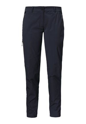 Navy blue, lightweight pants with a zippered pocket, flat front, and tapered legs. Made from durable, stretchable fabric.