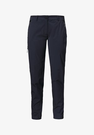 Navy blue, lightweight pants with a zippered pocket, flat front, and tapered legs. Made from durable, stretchable fabric.