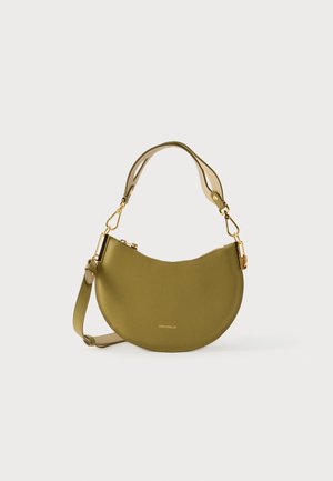 Green leather shoulder bag with a curved shape, featuring a gold-tone clasp and adjustable strap. Smooth texture with embossed logo detail.