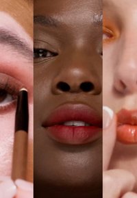Drie close-up beelden van diverse gezichten die oogmake-up toepassing tonen, lippen in verschillende tinten oranje en roze, en een gladde huidtextuur.