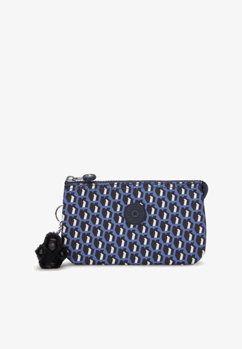 Blue and black patterned coin purse made of durable fabric, featuring a zipper closure and a hanging monkey keychain accent.