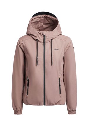 Hellrosa leichte Jacke mit Kapuze, ausgestattet mit einem Frontreißverschluss, zwei Seitentaschen, elastischen Bündchen und einem Logo auf der Brust.