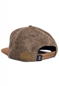 Brown snapback cap featuring a textured fabric upper, a suede visor, and an embroidered cloud logo on the back. Adjustable strap included.