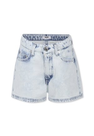 Shorts di denim azzurro chiaro con orlo sfrangiato, cinque tasche e chiusura con bottone anteriore. Tessuto testurizzato con lieve scoloritura.