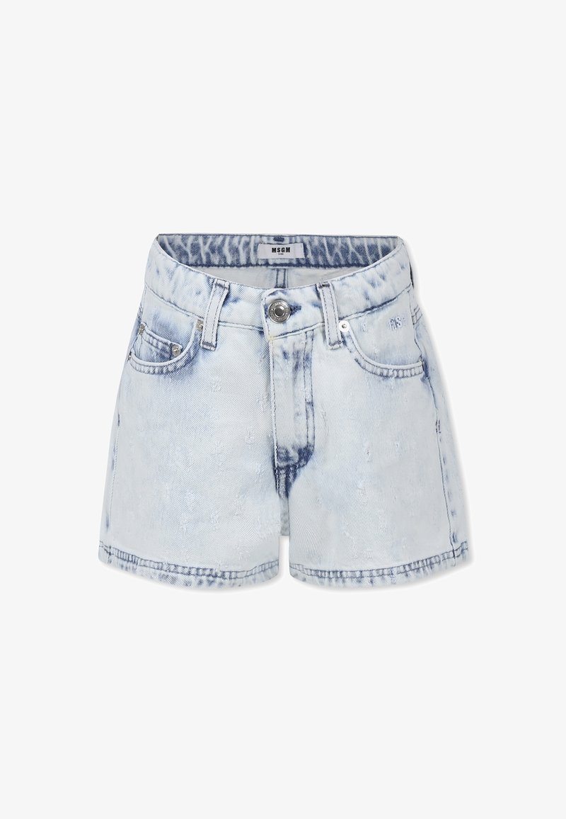 Shorts di denim azzurro chiaro con orlo sfrangiato, cinque tasche e chiusura con bottone anteriore. Tessuto testurizzato con lieve scoloritura.