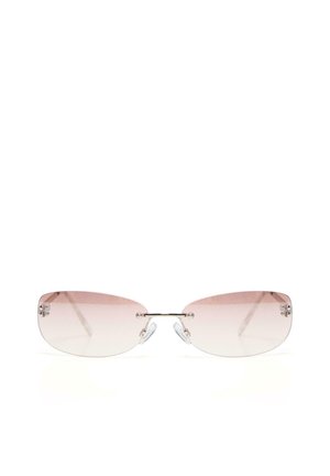 Sončna očala brez okvirja, z rožnato svetlom odtenčenimi lečami in prozornimi blazinicami za nos, prikazana na belem ozadju.