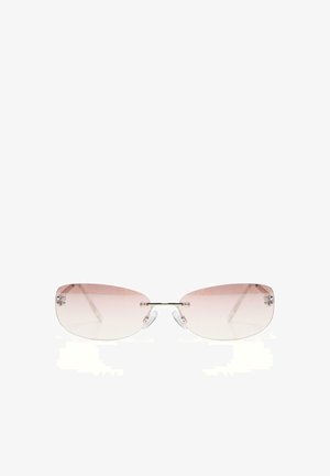 Lunettes de soleil sans monture avec des verres à dégradé rose clair et des plaquettes de nez transparentes, présentées sur un fond blanc.