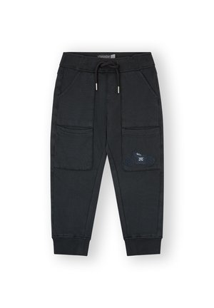 Pantalones jogger negros hechos de una mezcla de algodón, con un cinturón ajustable, dos bolsillos frontales y un bordado decorativo de motocicleta.