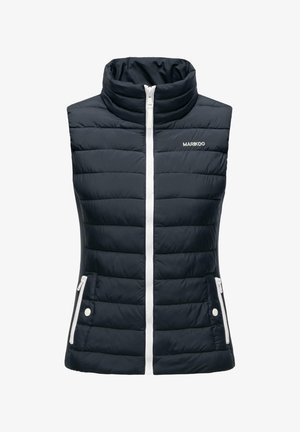 Marine blå puffer vest med høy krage, hvit glidelås og to glidelåslommer på siden; har en quilted tekstur og minimal merkevare på brystet.