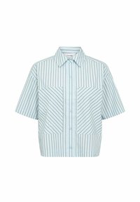 Kortärmad crop-top i ljusblått med diagonala bruna ränder. Har knäppning fram och två bröstfickor.