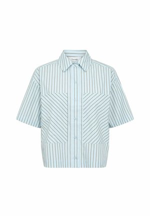 Short-sleeve cropped shirt in light blue with diagonal brown stripes. Features a button front and two patch pockets on the chest.